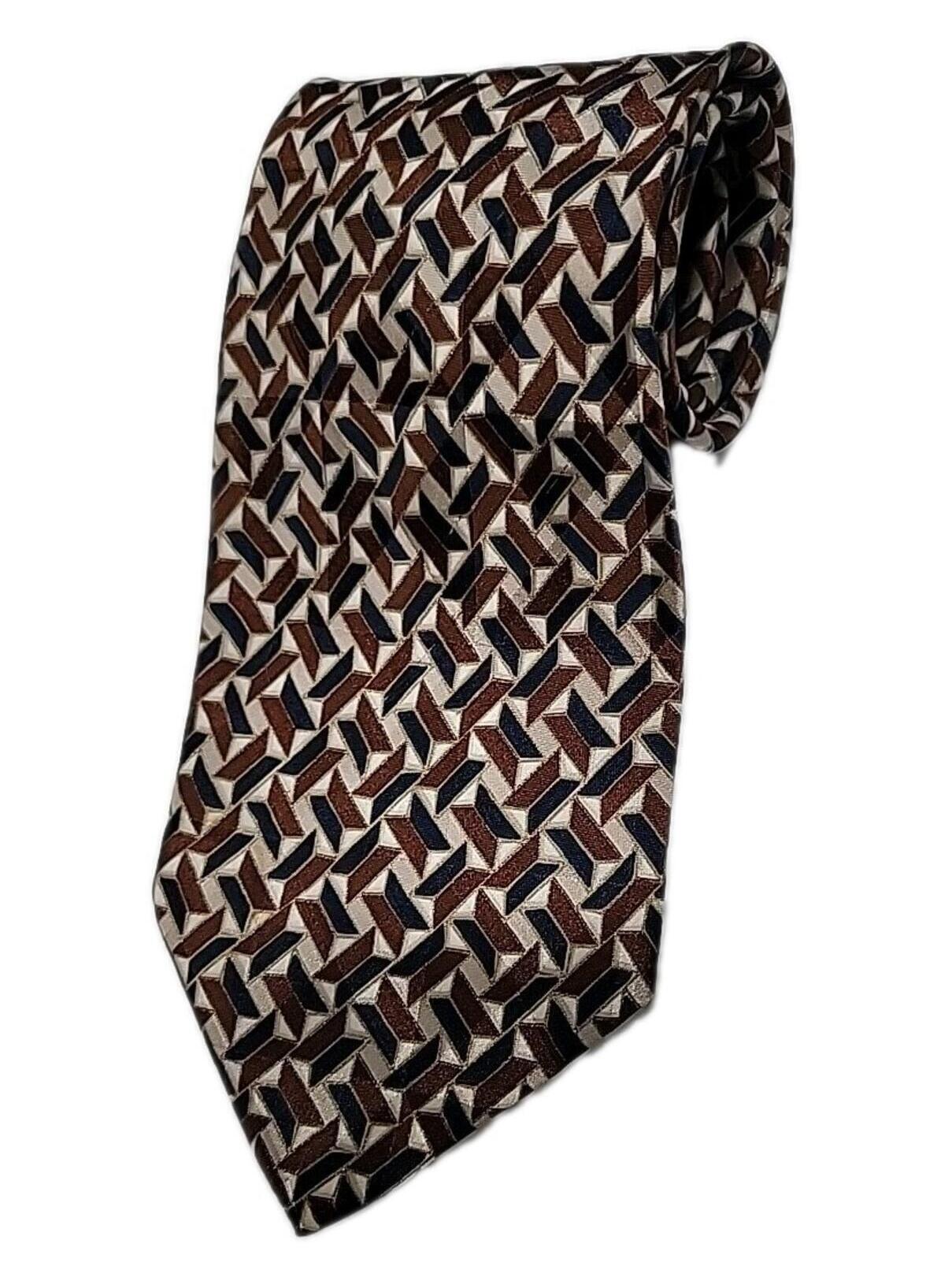 Stefano Enrici Made In Italy Geo Pattern Brown Cream Silk Men's Neck Tie 59" #Nb